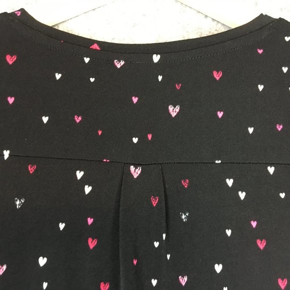 Elle Top XS Blouse Career Heart Print Crepe Black Accordion Pleat Sleeves Pink - Picture 11 of 13
